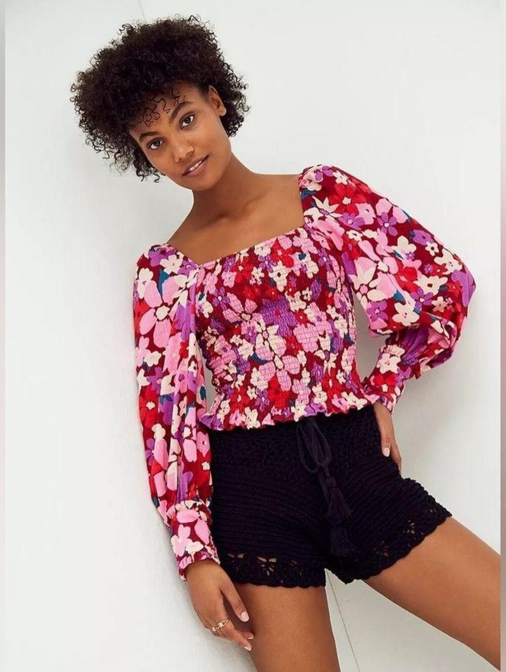 Free People Women's Ariana Floral Smocked Puff Sleeve Crop Top - Size M